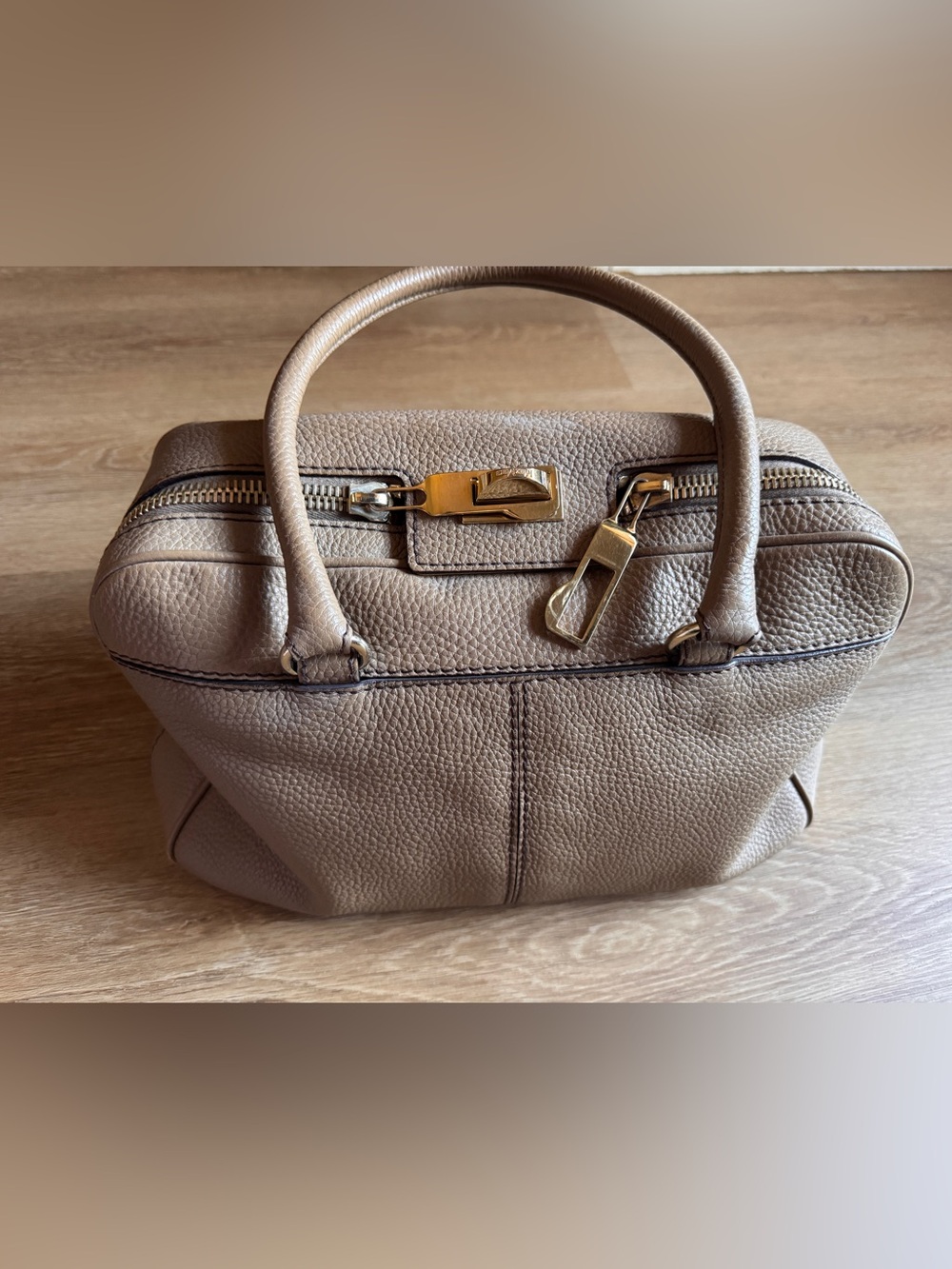 Max Mara Taupe Pebbled Leather Top-Handle Bag with Turn Lock closure